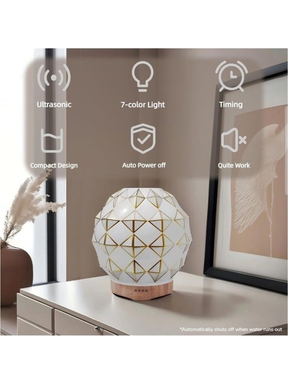 Essential Oil Diffuser, Handcrafted- Glass Aromatherapy Diffuser w/7 Color LED - Picture 2 of 7